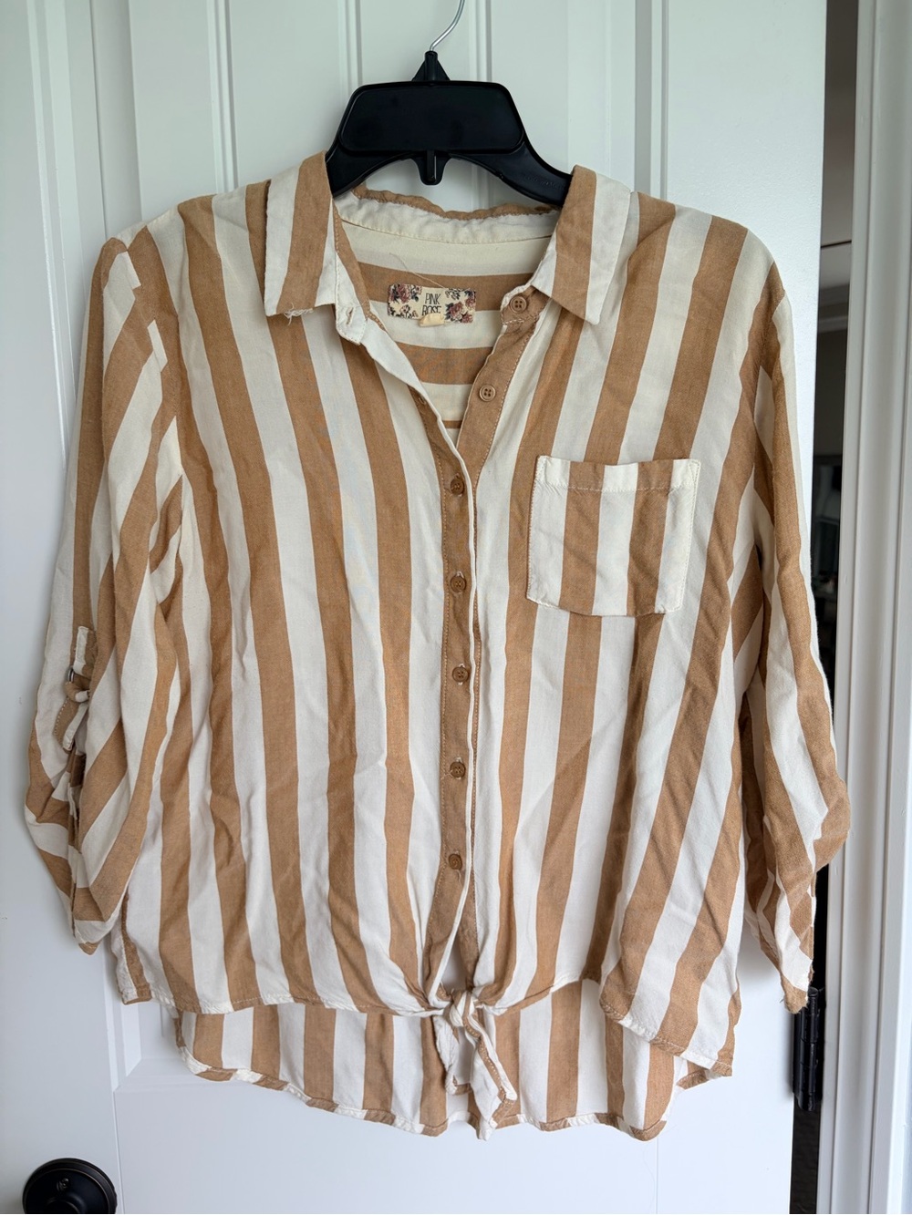 Pink Rose Striped Button Shirt in Tan & White